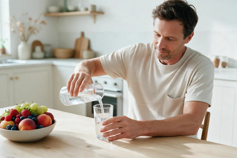 A man pouring a glass of water at a kitchen table in the morning, a bowl of fruit beside him