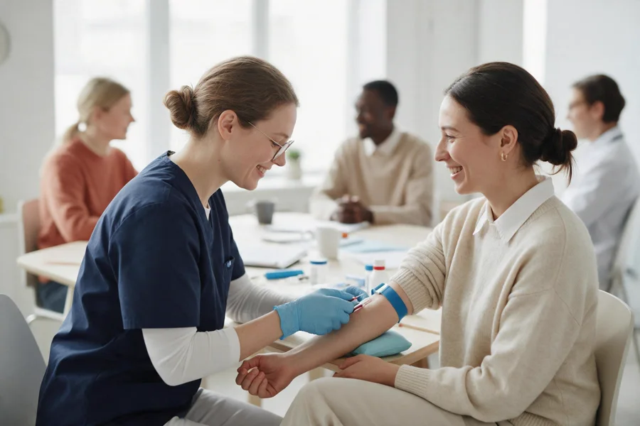 A nurse preparing a blood draw for a smiling employee in an office meeting room