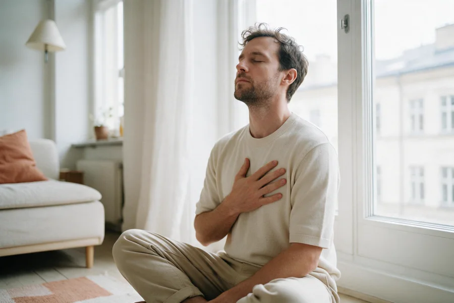 A man sitting cross-legged by a window with his eyes closed and a hand on his chest