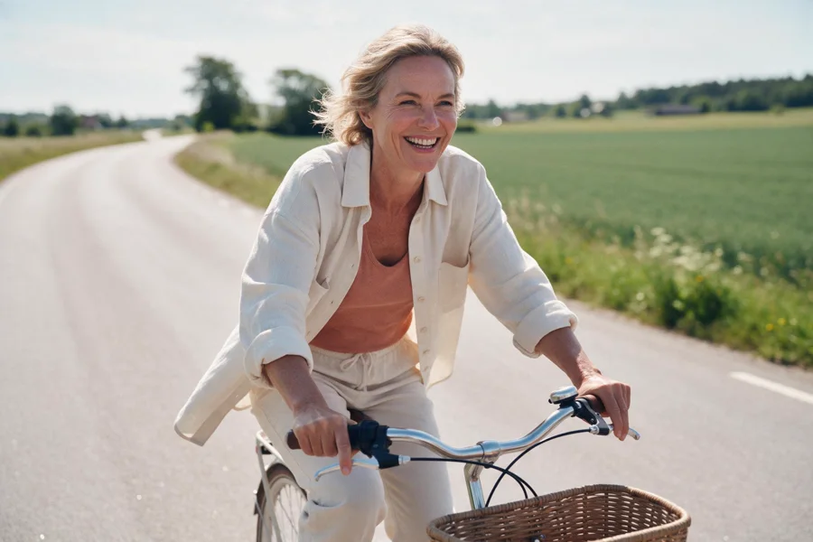 A smiling woman cycling on a sunlit country road