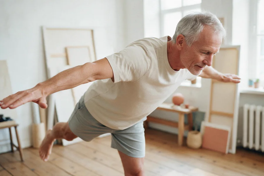 A man in his 60s doing a single-leg balance exercise in a bright room