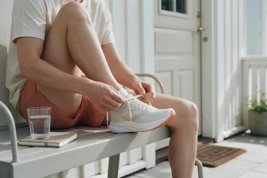 A person tying running shoes by the front door, a notebook and a glass of water beside them