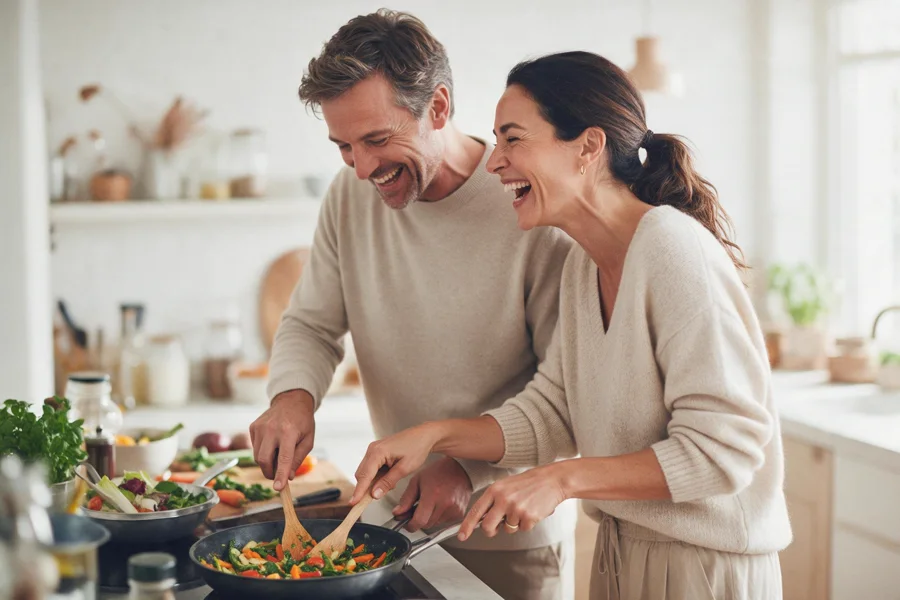 A couple laughing while cooking a vegetable-rich dinner together