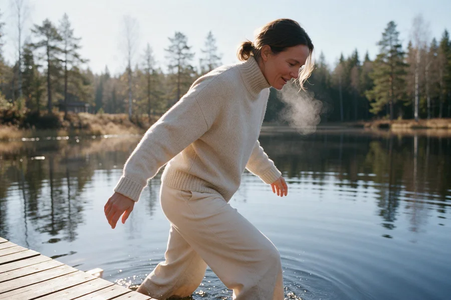 A woman stepping from a jetty into a still Nordic lake on a cold clear morning