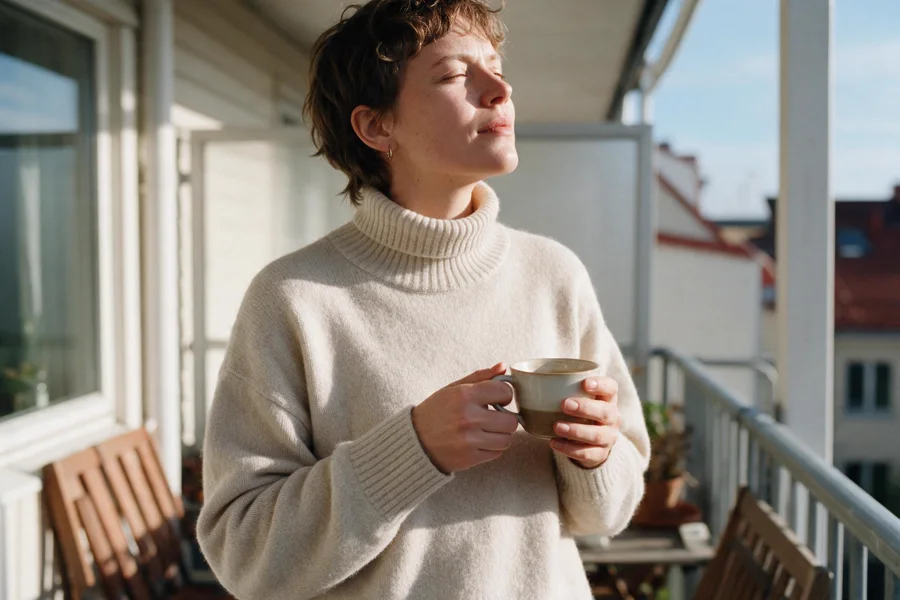 A woman with a coffee cup on a balcony, face turned toward the morning sun
