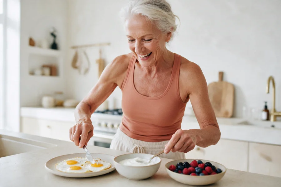 A fit woman in her late 60s preparing eggs, yogurt and berries in a bright kitchen