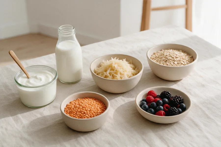 Bowls of yogurt, kefir, sauerkraut, oats, lentils and berries on a linen-covered table