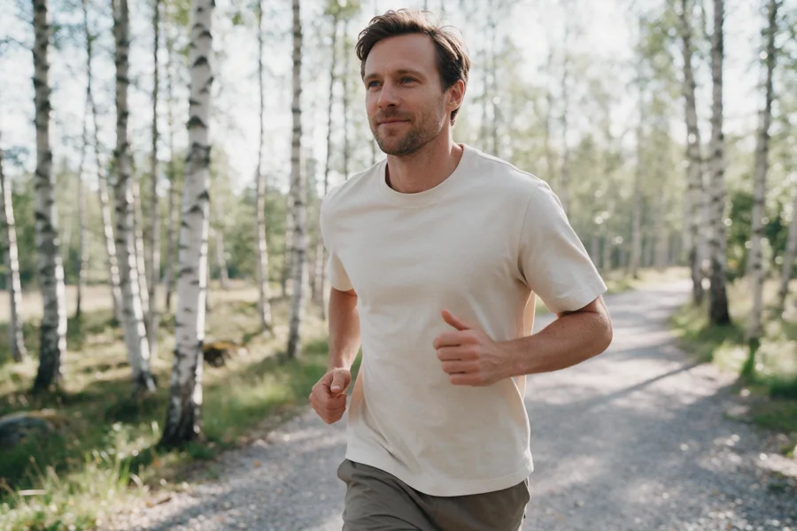 A man jogging at an easy pace on a gravel path through a birch forest
