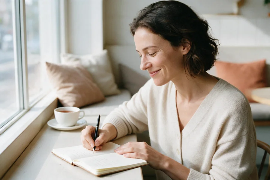 A woman smiling as she writes in a journal at a cafe window