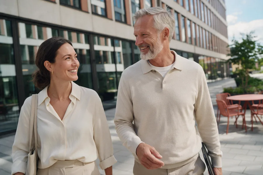 Two colleagues on a walking meeting outside a modern office building