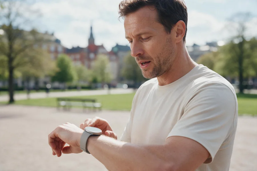 A man checking his smartwatch after a morning run in a city park