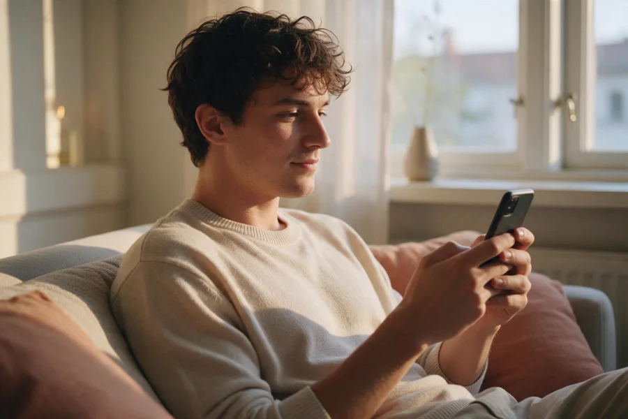 A young man on a sofa by a window in evening light, calmly looking at his phone