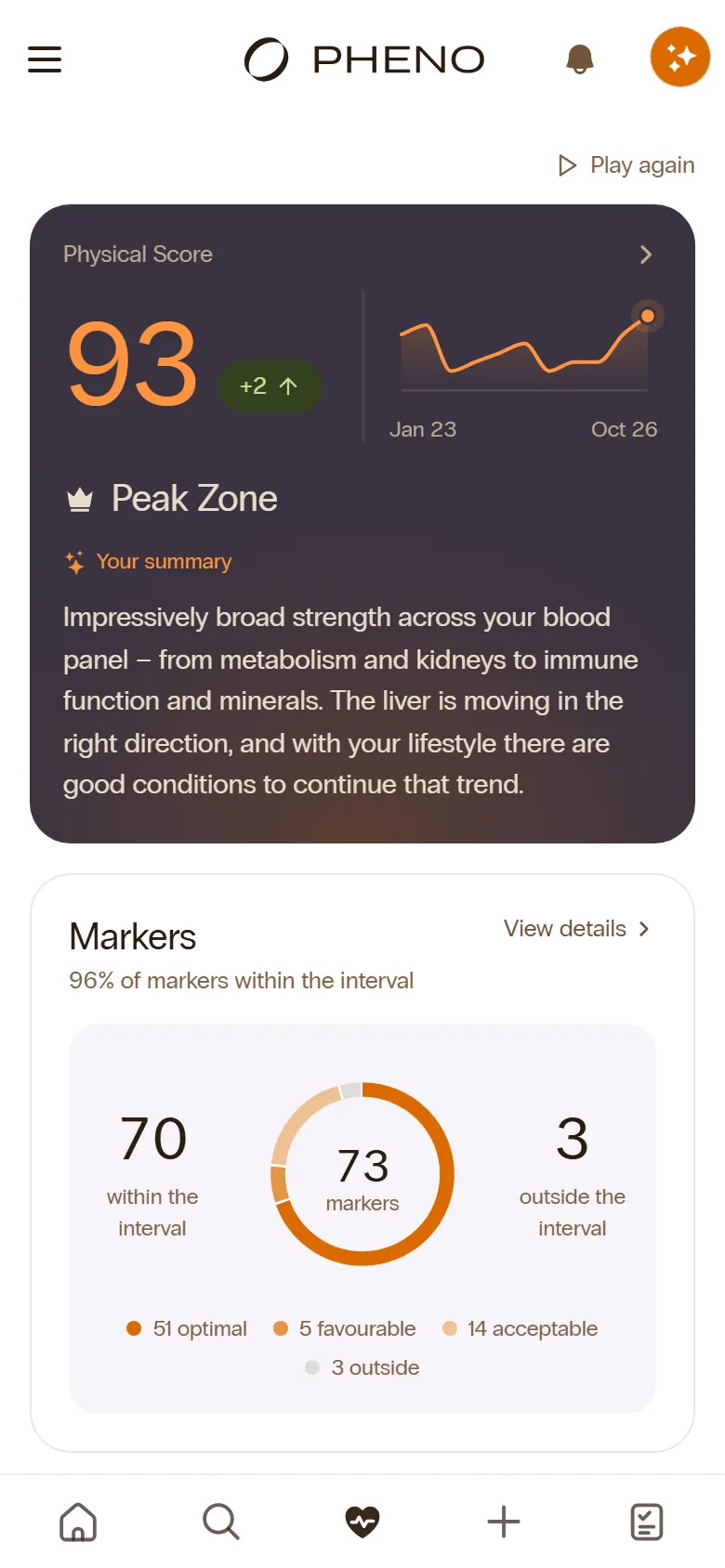 My Health in the Pheno app on a phone: physical score and markers